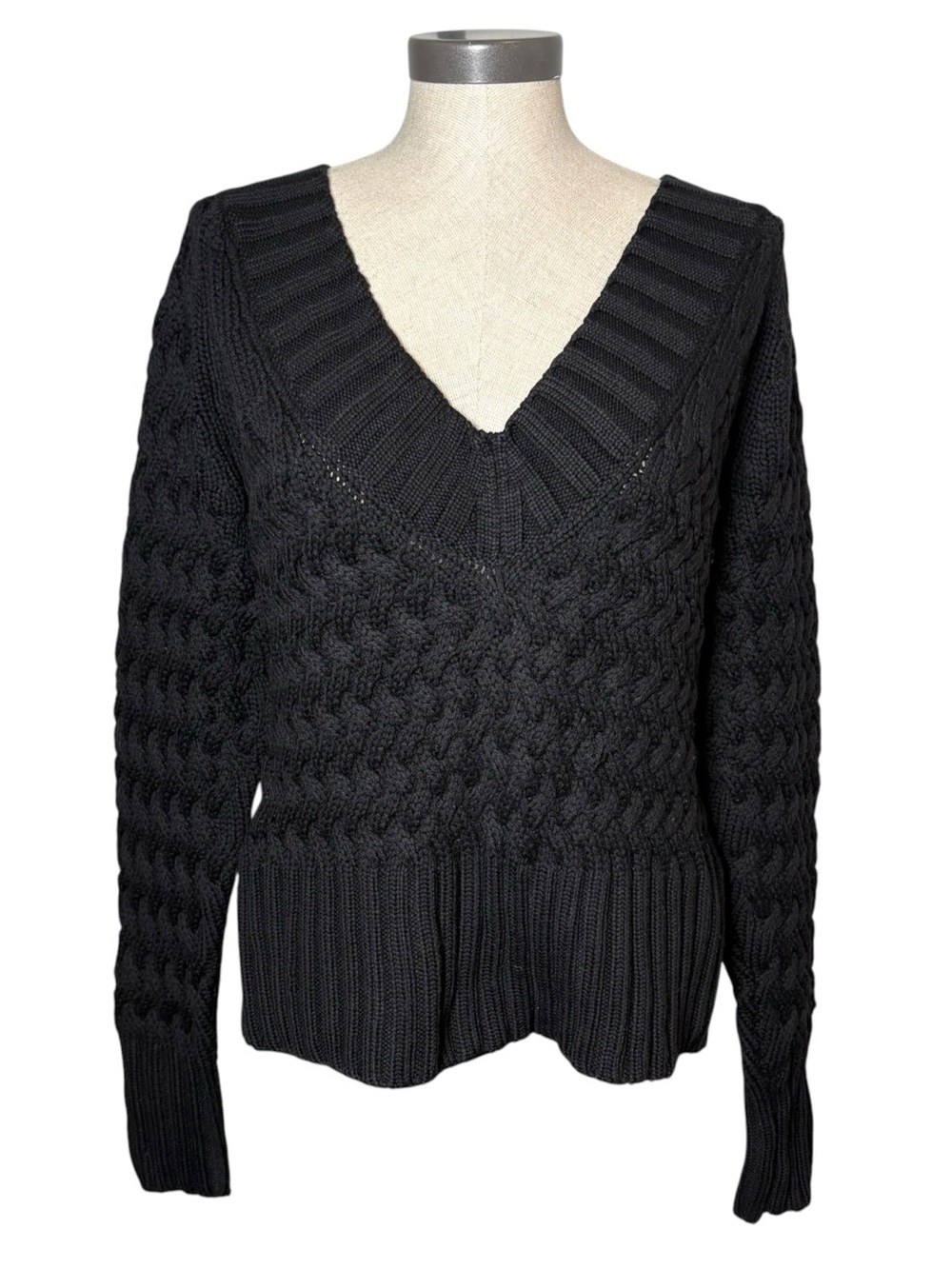 Banana Republic 100% Merino Wool Cable Knit V Neck Sweater Black L